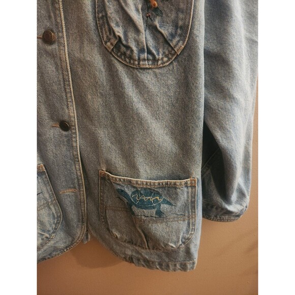 Vintage Adobe Designs Denim Jean Jacket Artsy Turtle Fish Rust Collared Size M - Picture 5 of 10